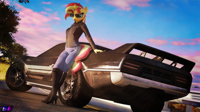 3d_(artwork) absurd_res anthro boots bottomwear car clothing denim denim_bottomwear denim_clothing digital_media_(artwork) equestria_girls equid equine eyewear female footwear hasbro hi_res high_heeled_boots high_heels horn jacket jeans looking_at_viewer mammal my_little_pony pants shadowboltsfm solo sunglasses sunset_shimmer_(eg) topwear unicorn vehicle