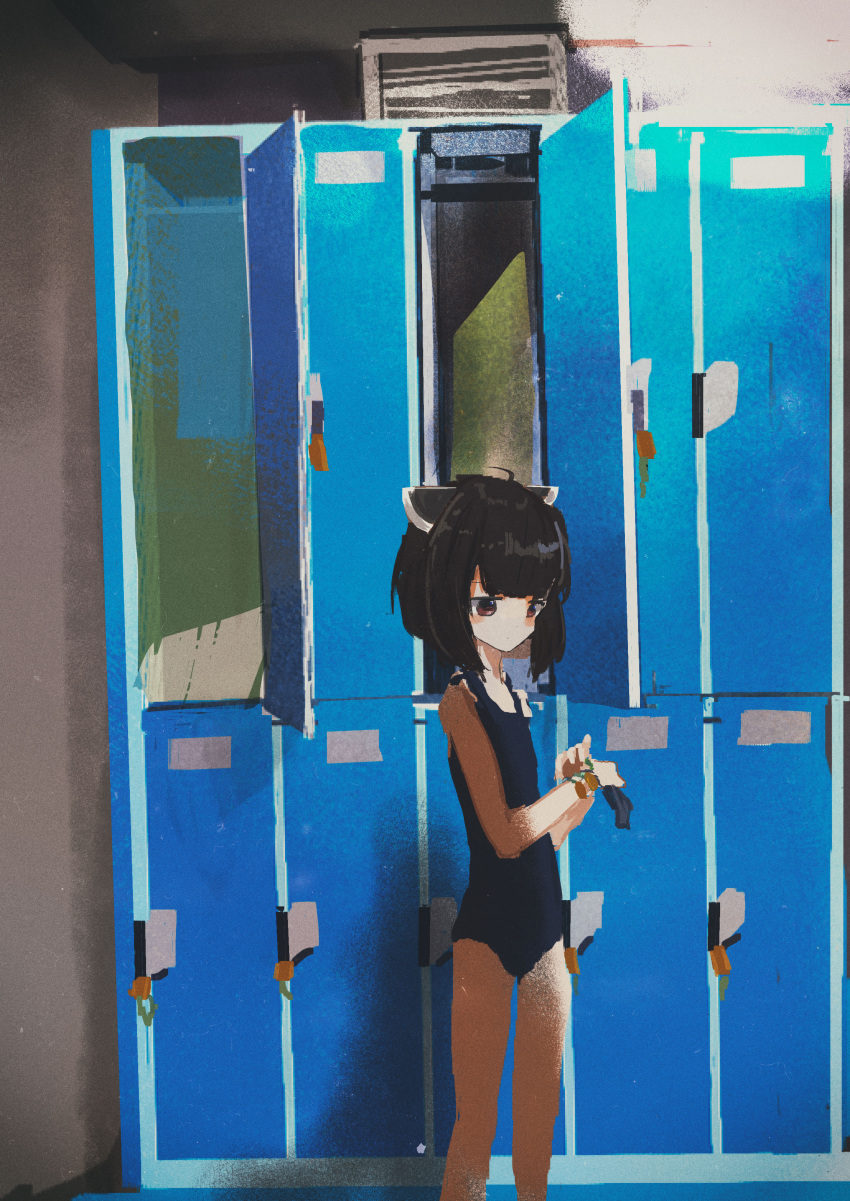 1girl absurdres ahoge alternate_costume black_hair blue_one-piece_swimsuit blunt_bangs blush brown_eyes closed_mouth commentary_request feet_out_of_frame flat_chest hands_up hat headgear highres holding holding_clothes holding_hat indoors kabuyama_kaigi locker locker_room looking_at_object one-piece_swimsuit shadow solo standing swim_cap swimsuit touhoku_kiritan unworn_swim_cap vent_(object) voiceroid watch wide_shot wristwatch