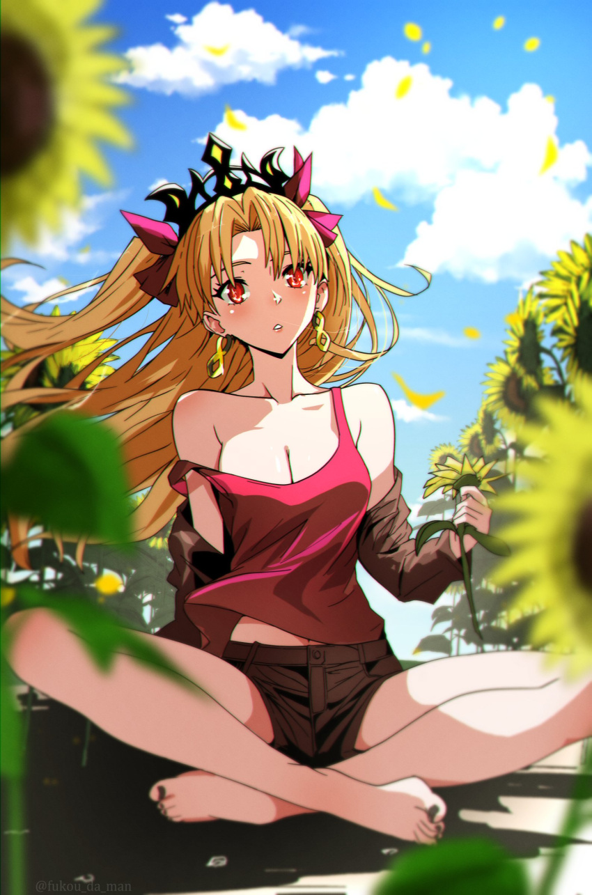 1girl absurdres alternate_costume blonde_hair bow breasts cloud cloudy_sky collarbone crossed_legs ereshkigal_(fate) fate/grand_order fate_(series) flower fukou hair_bow highres infinity_symbol long_hair nail_polish off_shoulder parted_bangs red_eyes short_shorts shorts sky solo sunflower tiara wind