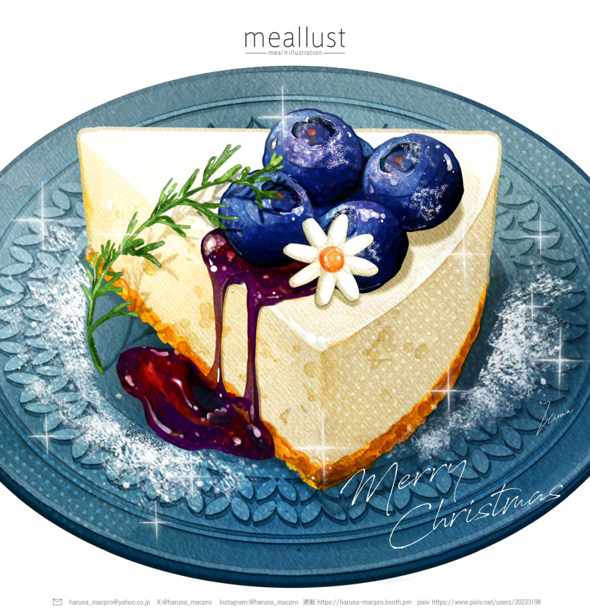 blueberry cake cheesecake christmas dessert flower food food_focus fruit haruna_macpro highres merry_christmas no_humans original plate still_life sugar_(food) syrup white_background