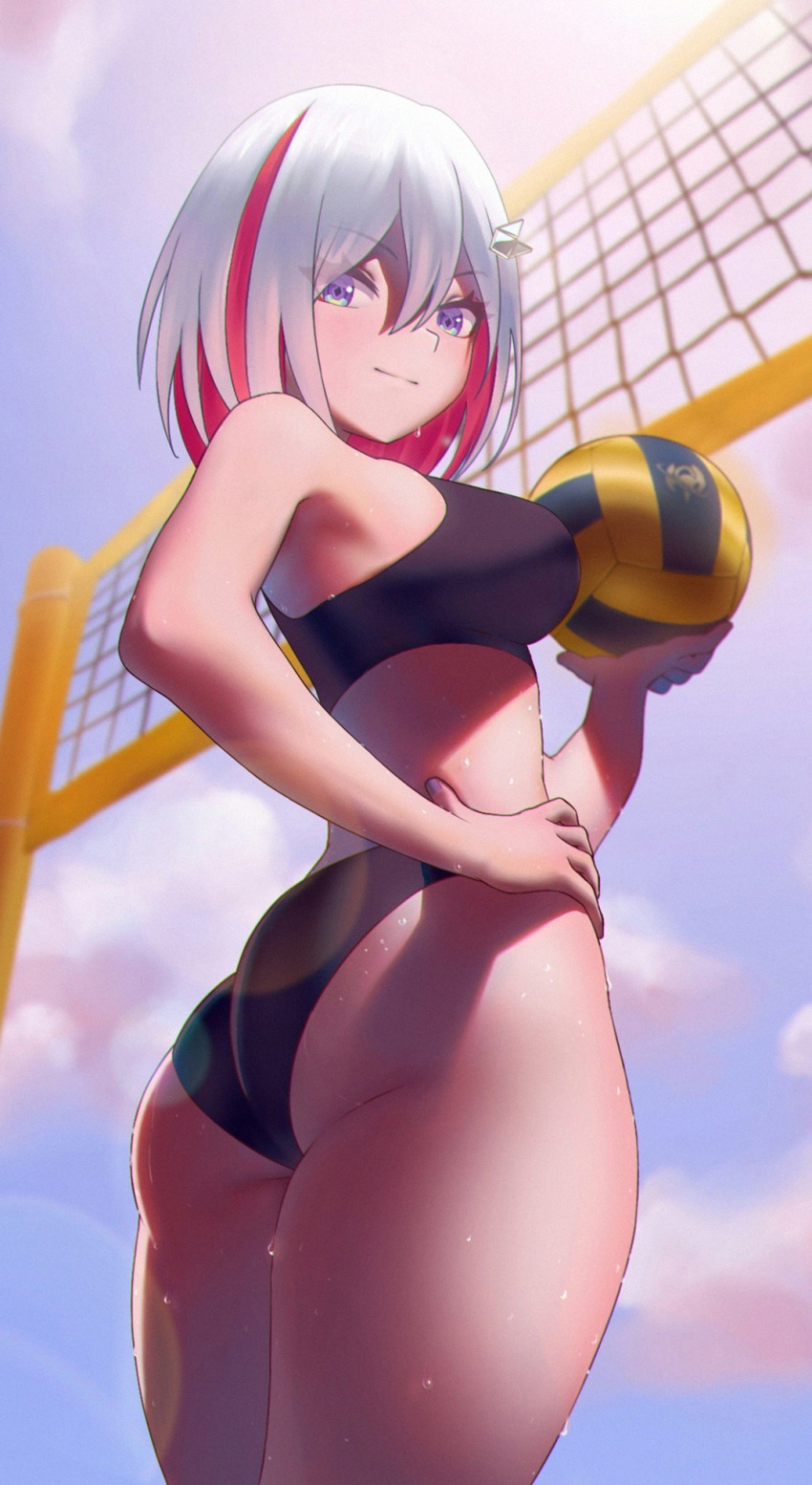1girl ass ball beach_volleyball bikini blue_sky blurry breasts cloud cloudy_sky colored_inner_hair day depth_of_field eyelashes from_below hair_between_eyes hand_on_own_hip hardbloo highres holding holding_ball honkai:_star_rail honkai_(series) lens_flare looking_at_viewer looking_down medium_breasts midriff multicolored_hair outdoors purple_eyes shadow short_hair sky smile solo sports_bikini sportswear streaked_hair sunlight sweat swimsuit thigh_focus thighs topaz_(honkai:_star_rail) two-tone_hair volleyball volleyball_(object) volleyball_net volleyball_uniform