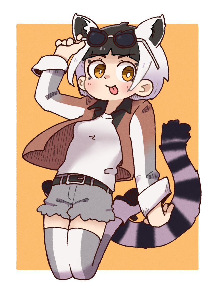 1girl animal_ears belt black_hair extra_ears full_body highres jacket kemono_friends lemur_ears lemur_girl lemur_tail looking_at_viewer multicolored_hair ring-tailed_lemur_(kemono_friends) shirt shoes short_hair shorts simple_background solo sorairo_meronpan sunglasses tail thighhighs tongue two-tone_hair white_hair yellow_background yellow_eyes