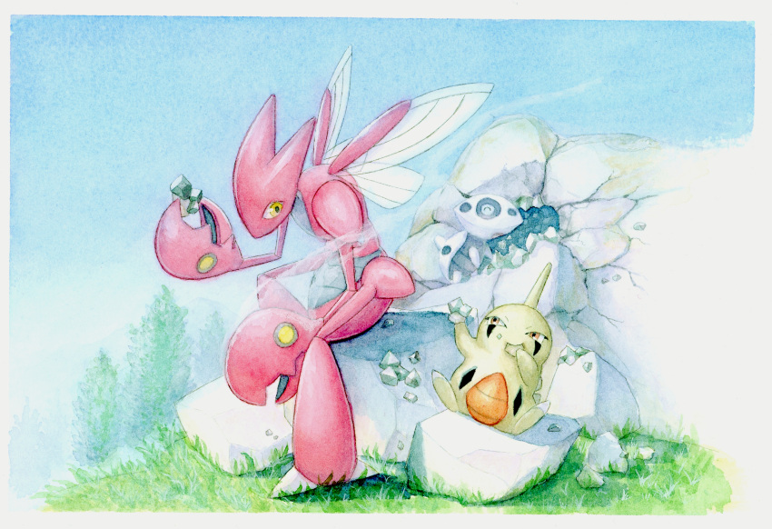 aotake_tomo aron border eating grass highres holding_rock larvitar no_humans outdoors painting_(medium) pokemon pokemon_(creature) rock scizor sitting sitting_on_rock traditional_media watercolor_(medium) white_border yellow_eyes