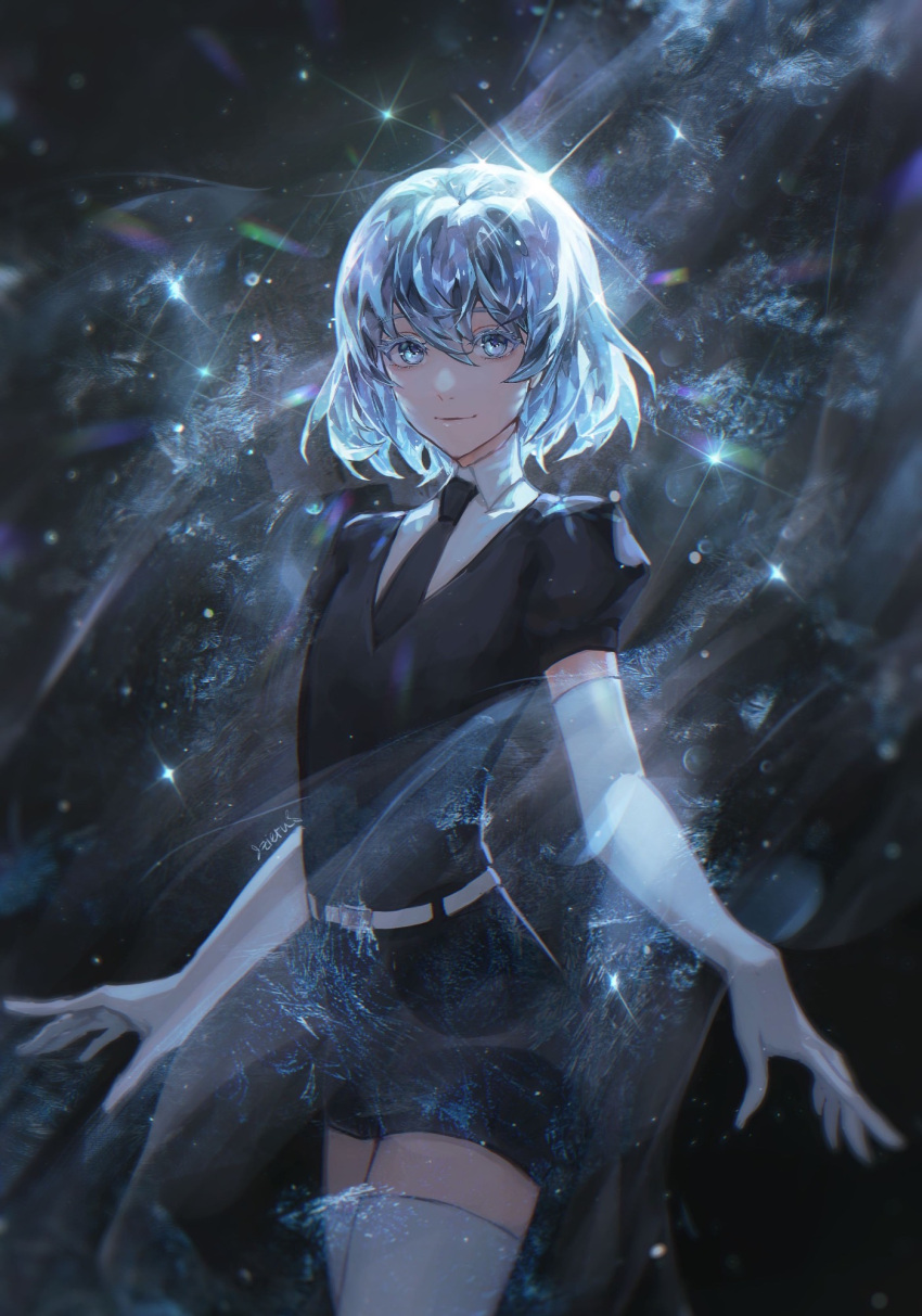 1other black_necktie black_shirt blue_eyes cowboy_shot crystal_hair diamond_(houseki_no_kuni) elbow_gloves gem_uniform_(houseki_no_kuni) gloves highres houseki_no_kuni light_smile looking_at_viewer necktie shirt short_hair thighhighs white_gloves white_thighhighs zieru