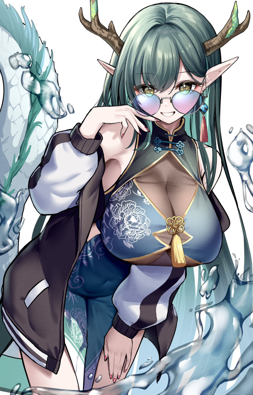 1girl breasts chinese_clothes dragon_girl dragon_horns dragon_tail earrings glasses grey_hair gu_luco highres horns jacket jewelry large_breasts long_hair long_sleeves looking_at_viewer open_clothes open_jacket original pointy_ears smile solo sunglasses tail white_background yellow_eyes