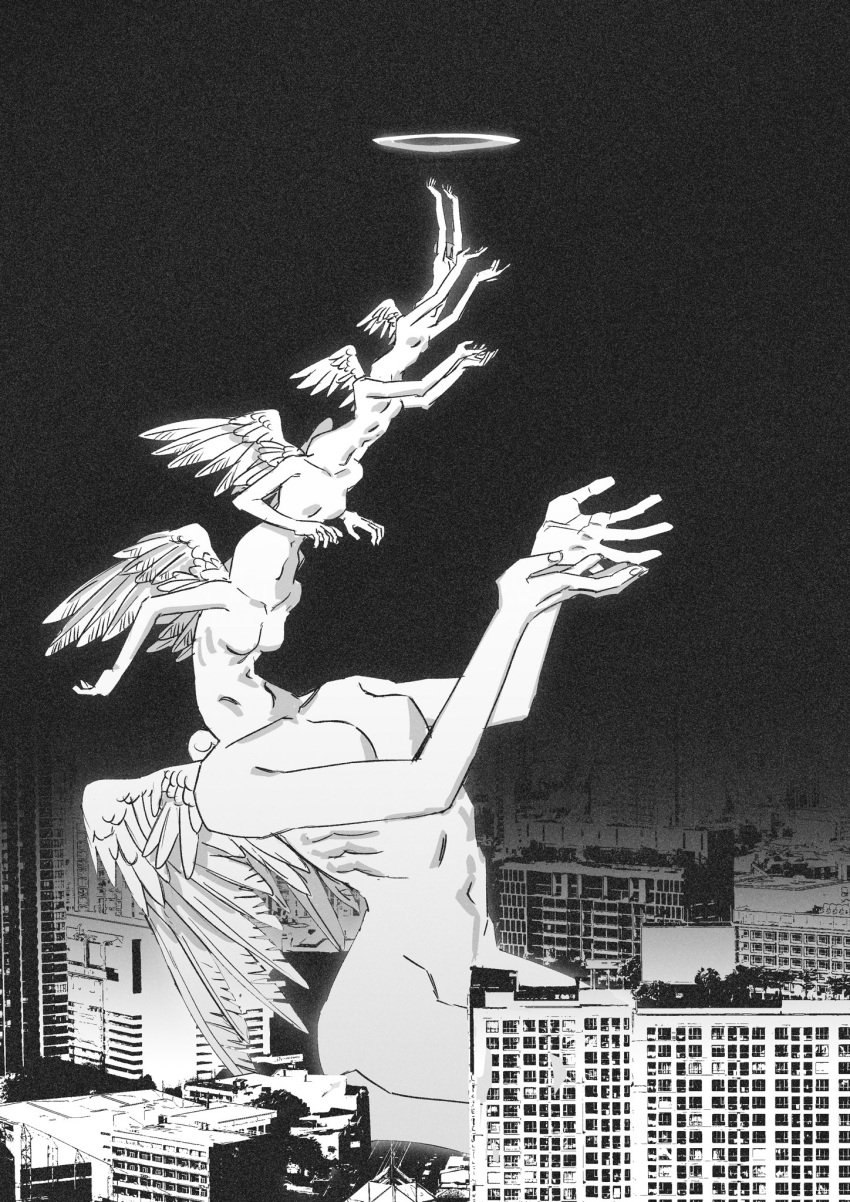1girl angel arms_up body_horror breasts building city completely_nude feathered_wings garam_lee giant giantess halo hands_up headless highres monochrome monster_girl multiple_wings navel nude original outstretched_arms reaching recursion ribs sitting skyscraper solo surreal wariza wings