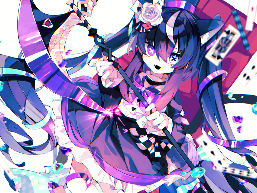 1girl ace_(playing_card) ace_of_hearts animal_ears aqua_eyes axe black_hair blurry blurry_foreground bow bowtie buttons card cat_ears chair commentary_request cowboy_shot eight_of_clubs five_of_spades frilled_skirt frills gradient_hair heart heart_button heterochromia highres holding holding_axe king_(playing_card) king_of_spades long_hair long_sleeves looking_at_viewer meto_(metrin) multicolored_hair open_mouth original playing_card purple_bow purple_bowtie purple_eyes purple_hair purple_skirt shirt simple_background skirt smile streaked_hair symbol-shaped_pupils three_of_clubs twintails white_background white_hair white_shirt x-shaped_pupils