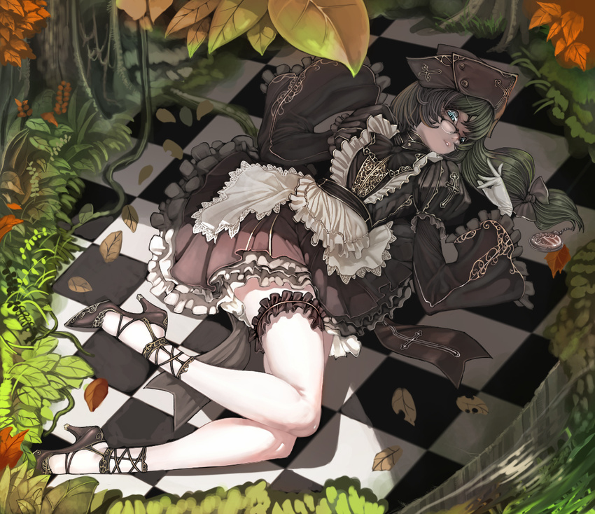 blue_eyes bow checkered cross frills garters gathers glasses gloves green_hair hat high_heels jeffr lace leaf legs long_hair original plant shoes solo thighhighs tricorne vines