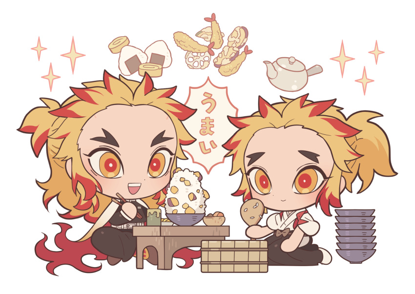 2boys :d black_hakama black_jacket black_pants blonde_hair bowl brothers cape chibi chopsticks closed_mouth colored_tips commentary_request cup demon_slayer_uniform food forked_eyebrows full_body hakama highres holding holding_chopsticks jacket japanese_clothes kimetsu_no_yaiba kimono long_sleeves male_focus meremero multicolored_hair multiple_boys onigiri open_mouth pants red_hair rengoku_kyoujurou rengoku_senjurou rice_bowl shrimp shrimp_tempura siblings simple_background sitting smile sparkle table teapot tempura translation_request white_background white_cape wooden_spoon yunomi