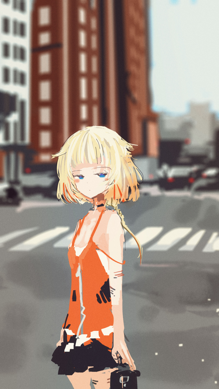 1girl absurdres arms_at_sides bare_shoulders black_choker black_dress blonde_hair blue_eyes blurry blurry_background blush_stickers braid braided_ponytail breasts building car cevio choker city closed_mouth commentary cowboy_shot crosswalk day dress hair_flaps half-closed_eyes highres holding jitome kabuyama_kaigi long_hair looking_at_viewer motor_vehicle multicolored_hair object_request one_(cevio) orange_dress orange_hair outdoors road shirt sleeveless sleeveless_dress small_breasts solo spaghetti_strap standing strapless strapless_shirt streaked_hair street two-tone_dress undershirt urban white_shirt