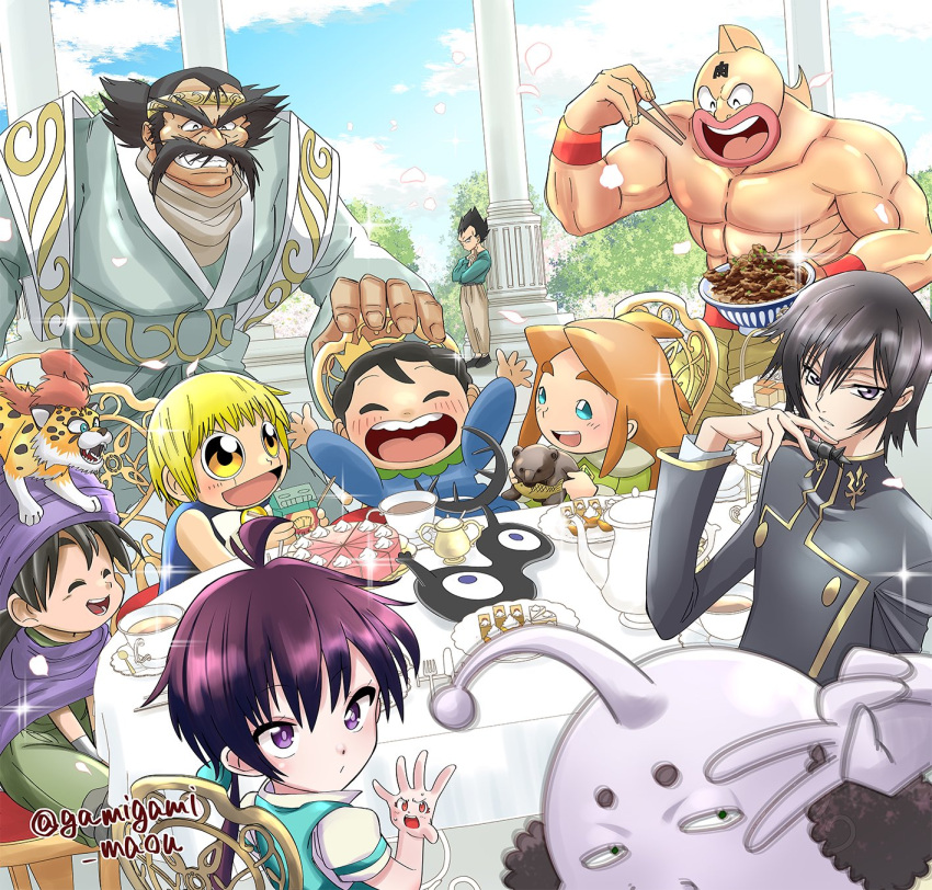 6+boys :d abs animal animal_on_head arms_up beef black_hair blonde_hair bojji borongo bowl cake chair character_request child chopsticks cloak code_geass commentary_request copyright_request creature crossover crown cup day desert dragon_ball dragon_quest dragon_quest_v extra_faces facial_hair food gamigami_maou_(artist) gash_bell gintama grin hair_between_eyes hand_up happy hero_(dq5) highres holding holding_bowl holding_chopsticks kage_(ousama_ranking) kinnikuman kinnikuman_(character) konjiki_no_gash!! lelouch_vi_britannia long_hair looking_at_viewer male_focus multiple_boys multiple_crossover muscular muscular_male mustache on_head orange_hair ousama_ranking outdoors petals philionel_el_di_seyruun photobomb pietro_pakapuka pillar plate popolocrois prince prince_hata puffy_short_sleeves puffy_sleeves purple_cloak purple_eyes purple_hair purple_headwear robot school_uniform short_sleeves sitting slayers smile sparkle spiked_hair standing tea tea_party tea_set teacup teapot tentacles topless_male toy trait_connection turban twitter_username v vegeta wristband yellow_eyes