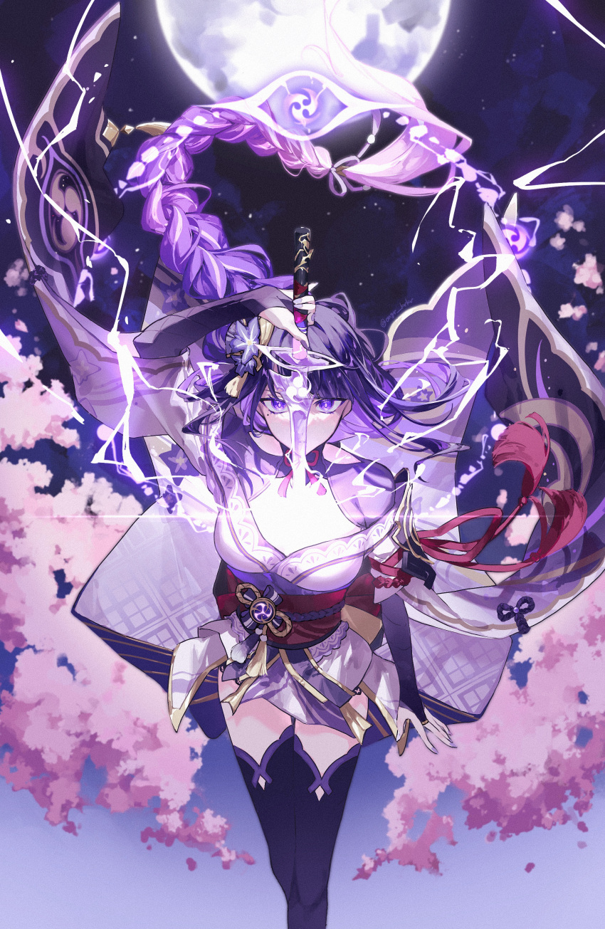 1girl absurdres armor blunt_bangs braid braided_ponytail breasts bridal_gauntlets cherry_blossoms drawing_sword electricity feet_out_of_frame floating_clothes floating_hair flower full_moon genshin_impact highres holding holding_sword holding_weapon human_scabbard japanese_clothes kimono long_hair looking_at_viewer medium_breasts mitsudomoe_(shape) mole mole_under_eye moon musou_isshin_(genshin_impact) night night_sky nogi_(nokisaki) obi obiage obijime parted_lips purple_eyes purple_flower purple_hair purple_kimono purple_nails purple_thighhighs raiden_shogun sash serious shoulder_armor shrug_(clothing) sidelocks sky solo star_(sky) straight-on sword thighhighs tomoe_(symbol) weapon