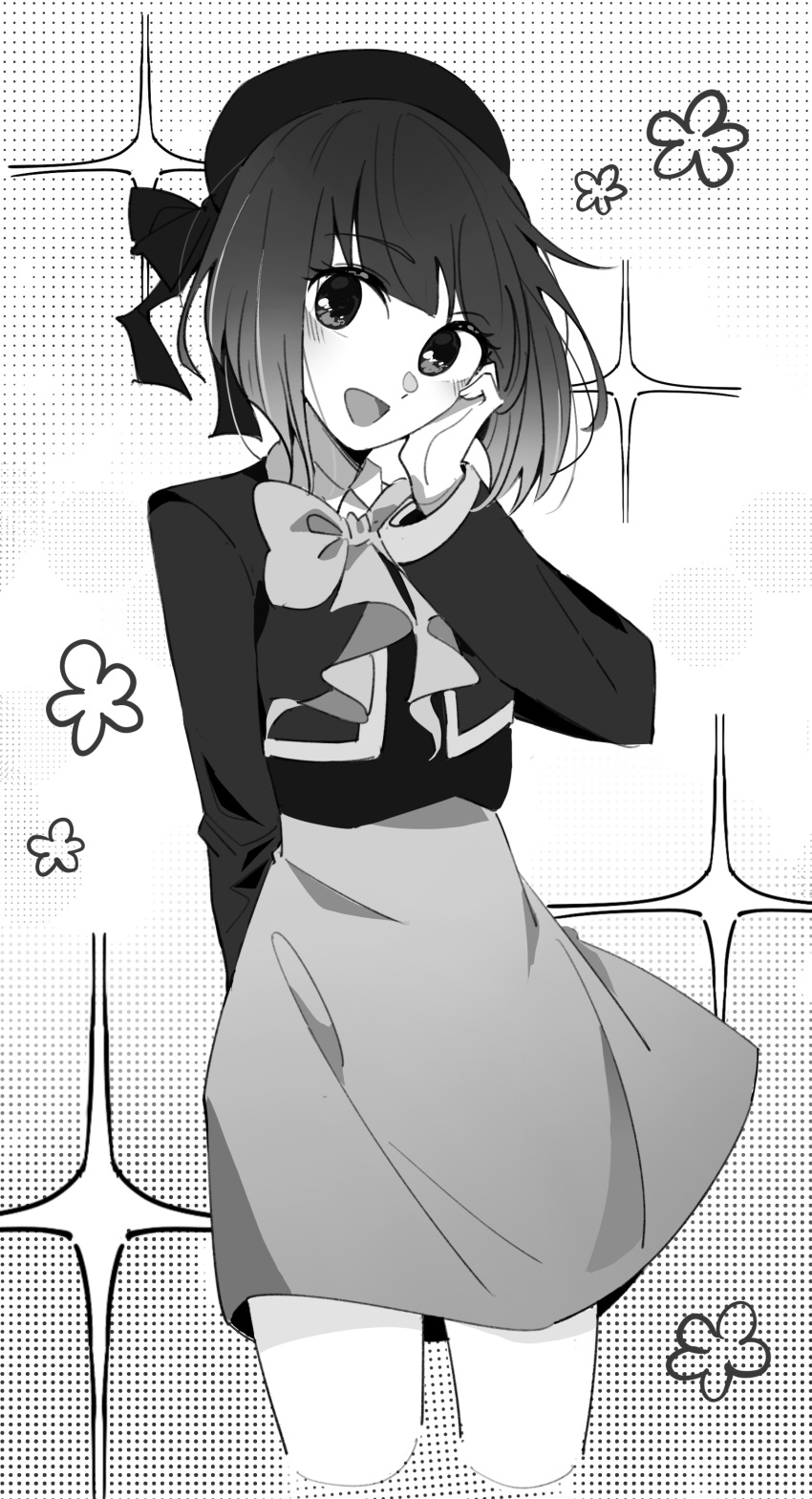 1girl absurdres arima_kana beret blush bob_cut bow bowtie chinese_commentary commentary_request cropped_jacket cropped_legs greyscale halftone halftone_background hand_on_own_cheek hand_on_own_face hat hat_bow highres inverted_bob long_sleeves looking_at_viewer medium_hair monochrome open_mouth oshi_no_ko shuoruoranxing skirt solo