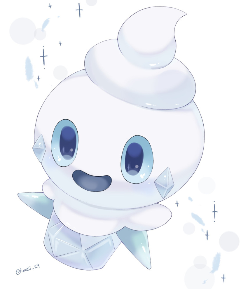 artist_name blue_eyes blue_pupils commentary_request highres ice iwasi_29 no_humans open_mouth pokemon pokemon_(creature) simple_background smile snow sparkle twitter_username vanillite white_background