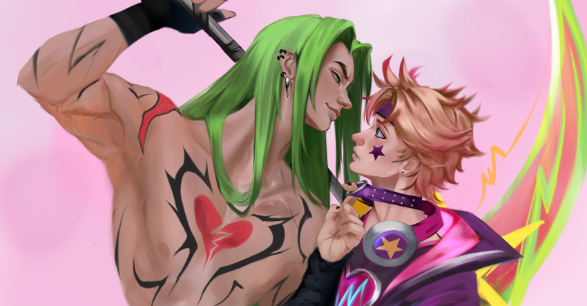 2boys absurdres arm_up black_gloves black_nails blonde_hair choker choker_pull clothes_pull earrings eye_contact ezreal fingerless_gloves gloves green_hair headphones headphones_around_neck heart heart_tattoo heartsteel_ezreal heartsteel_kayn highres holding holding_scythe jacket jewelry kayn_(league_of_legends) lamissems league_of_legends looking_at_another male_focus multiple_boys nail_polish o-ring official_alternate_costume purple_choker purple_jacket scythe smile tattoo yaoi