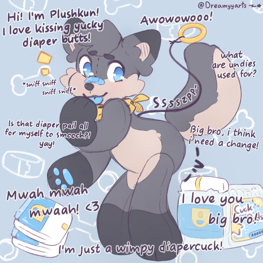 absurd_res anthro bandanna black_body black_fur blue_background blue_band-aid blue_eyes blue_pawpads boots_(marking) canid canine canis dialogue diaper dreamyart fur grey_body grey_fur hi_res humiliation implied_soiling kerchief male mammal pakun pawpads plushie plushification simple_background solo sound_effects stitch_(sewing) text watermark wolf yellow_bandanna yellow_kerchief