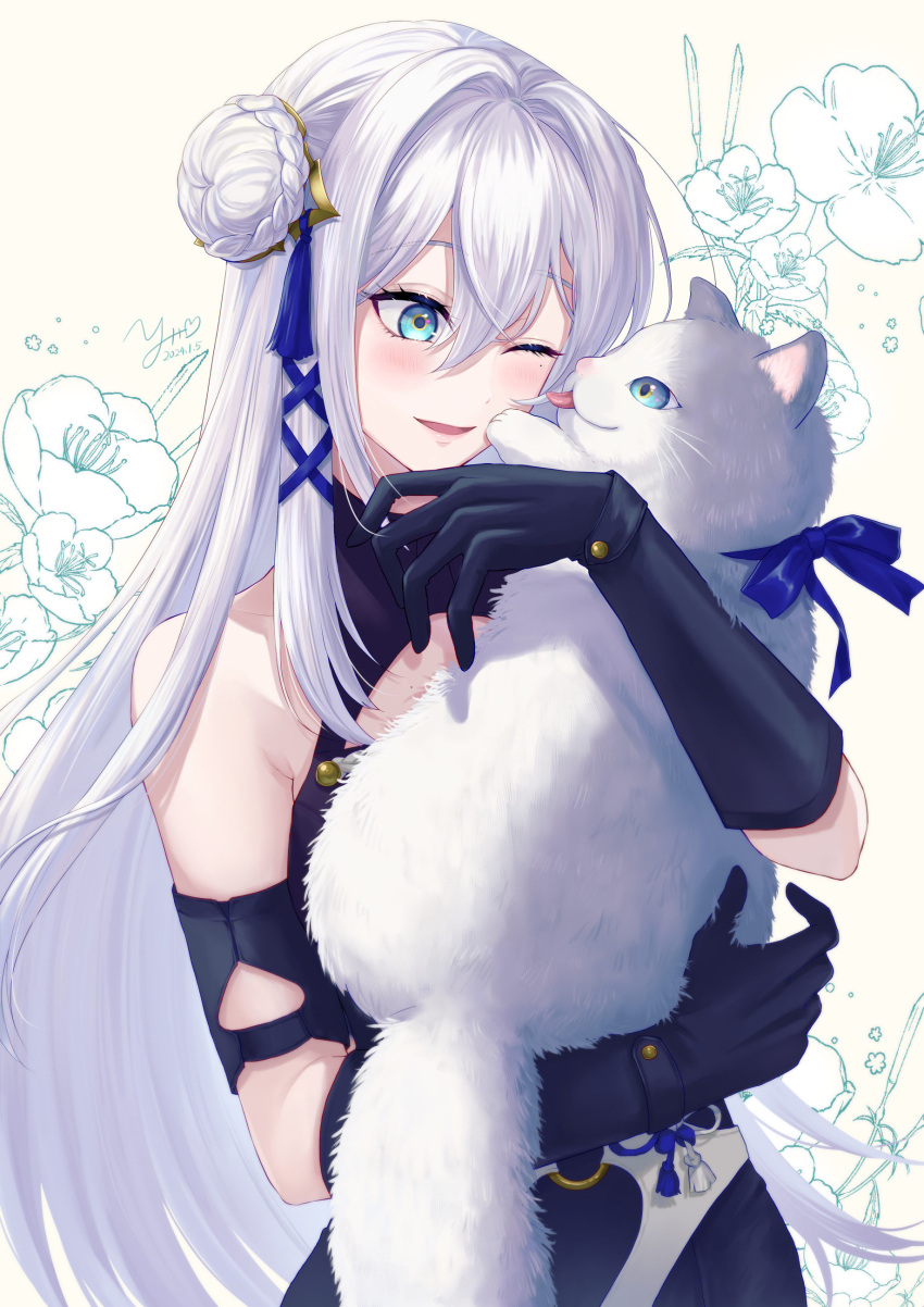 1girl 440(yoshio) absurdres animal black_gloves blue_eyes cat double_bun elbow_gloves gloves grey_hair hair_bun hair_ornament highres holding holding_animal holding_cat long_hair nijisanji nijisanji_en one_eye_closed open_mouth smile solo tassel tassel_hair_ornament very_long_hair victoria_brightshield white_cat x_hair_ornament