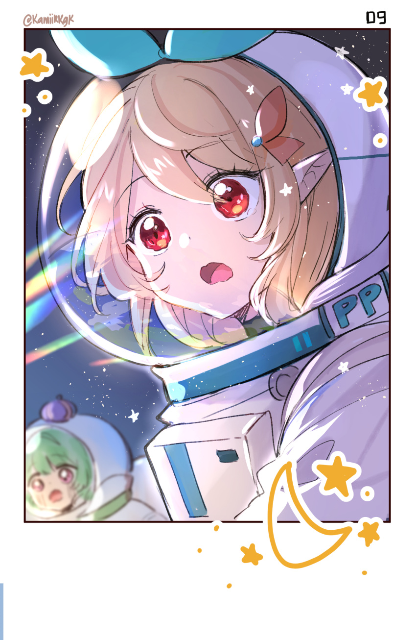 2girls blonde_hair crown finana_ryugu green_hair green_ribbon hair_ribbon hakamii helmet highres long_hair mini_crown multiple_girls nijisanji nijisanji_en open_mouth pointy_ears pomu_rainpuff purple_eyes red_eyes ribbon space space_helmet spacesuit surprised tearing_up tongue virtual_youtuber