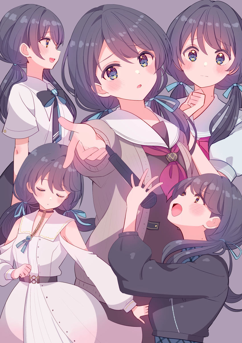 1girl absurdres black_hair blush closed_eyes commentary cream_(nipakupa) grey_background hair_ribbon hasu_no_sora_school_uniform highres holding holding_microphone link!_like!_love_live! long_hair looking_at_viewer love_live! low_twintails microphone mole mole_on_neck multiple_views murano_sayaka ribbon school_uniform twintails upper_body