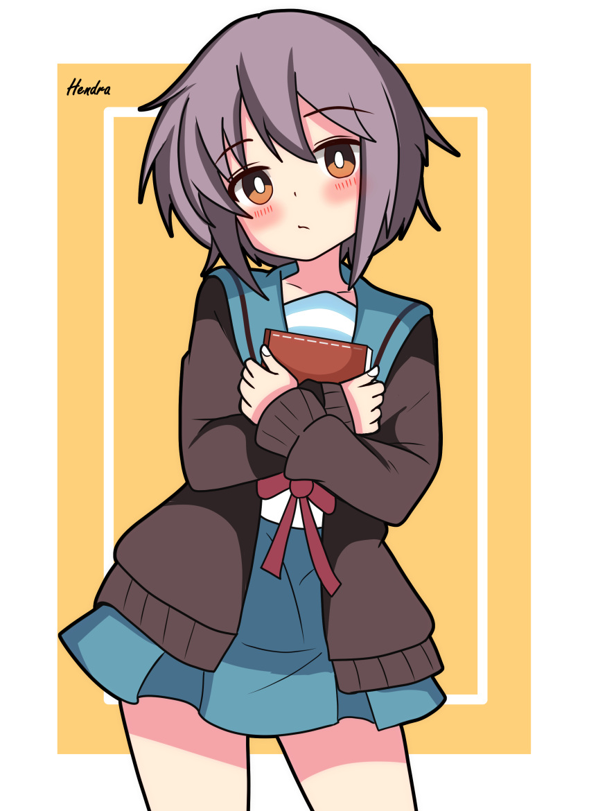 1girl absurdres artist_name blue_sailor_collar blue_skirt blush book book_hug brown_cardigan brown_eyes cardigan closed_mouth commentary_request cowboy_shot hendra highres holding holding_book hugging_object kita_high_school_uniform long_sleeves looking_at_viewer nagato_yuki open_cardigan open_clothes purple_hair red_ribbon ribbon sailor_collar school_uniform serafuku short_hair skirt solo standing suzumiya_haruhi_no_yuuutsu watermark winter_uniform