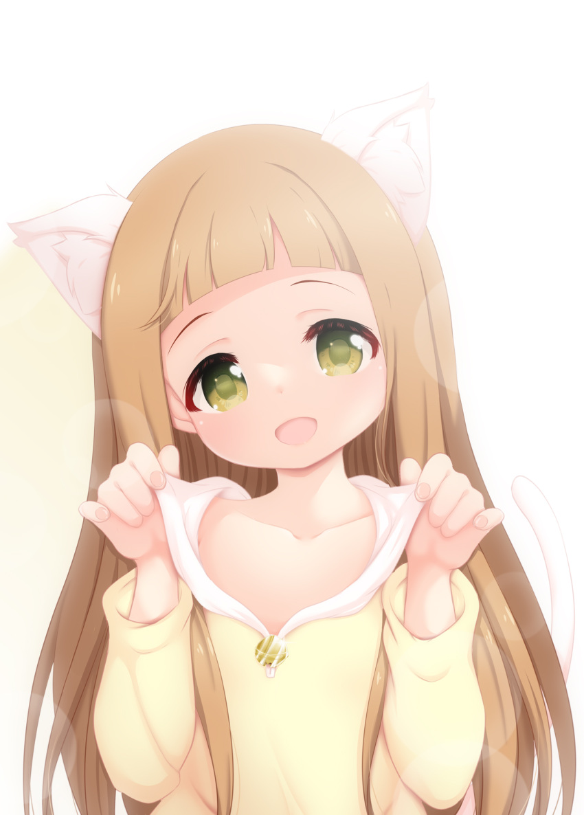 1girl animal_ears arched_bangs blunt_bangs brown_hair cat_ears cat_tail collarbone commentary_request fingernails green_eyes highres hood hoodie hosizora_mikoto ichihara_nina idolmaster idolmaster_cinderella_girls long_hair long_sleeves looking_at_viewer open_mouth solo tail upper_body white_background yellow_hoodie