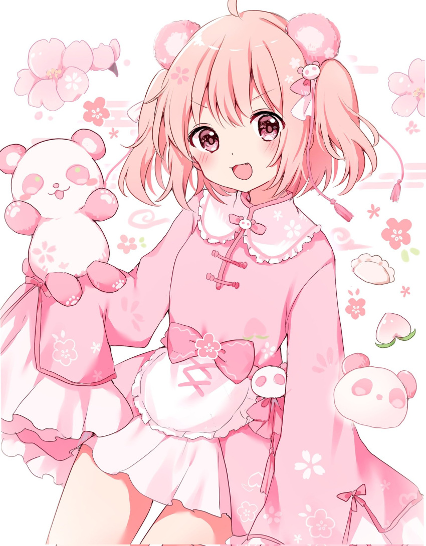 1girl :3 animal_ears bear_ears bear_girl blush bow cherry_blossoms chinese_clothes commission dress dumpling fang floral_print food fruit hair_bow hair_ornament highres holding holding_stuffed_toy kokoshira_0510 long_sleeves looking_at_viewer open_mouth original panda_hair_ornament peach pink_eyes pink_hair short_dress short_hair skeb_commission sleeves_past_fingers sleeves_past_wrists smile solo stuffed_animal stuffed_panda stuffed_toy tassel tassel_hair_ornament thigh_gap two_side_up v-shaped_eyebrows