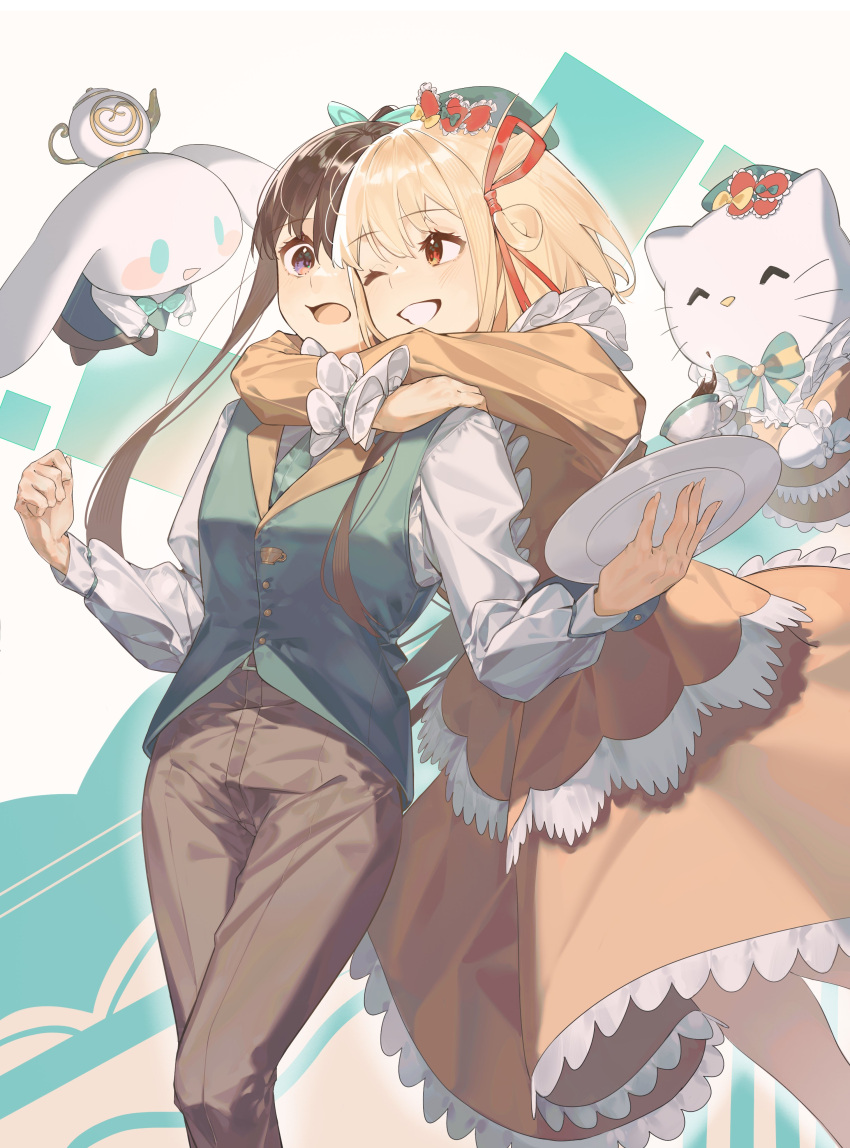 2girls absurdres aqua_bow black_hair blonde_hair blue_necktie blue_vest blush bow brown_pants chinese_commentary cinnamoroll clenched_teeth commentary dkl_(dinosaurkl2) dress dress_shirt floating_hair hair_bow hair_ribbon hello_kitty highres hug hug_from_behind inoue_takina long_hair long_sleeves lycoris_recoil multiple_girls necktie nishikigi_chisato one_eye_closed one_side_up open_mouth pants ponytail purple_eyes red_dress red_eyes red_ribbon ribbon sanrio shirt short_hair sidelocks smile teeth vest white_background white_shirt yuri