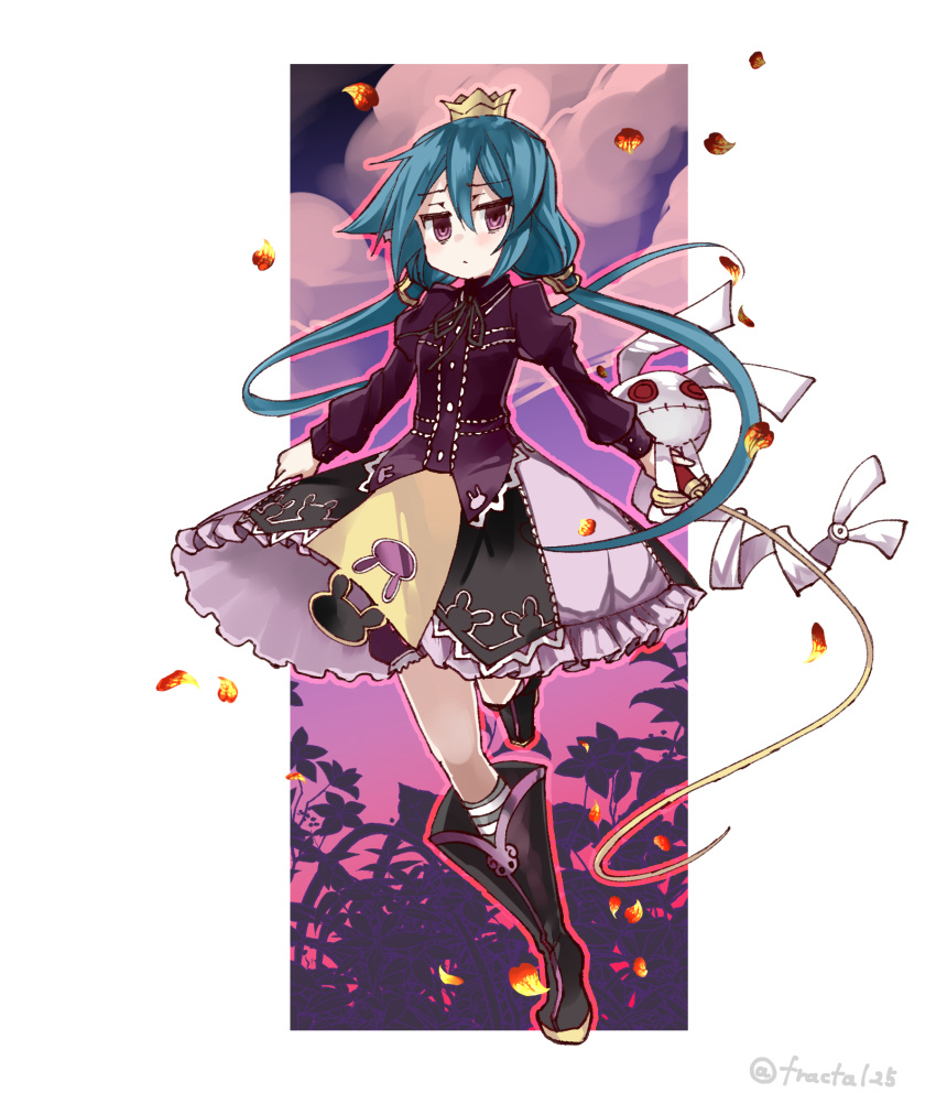 1girl 7th_dragon 7th_dragon_(series) bloomers blue_hair boots crown doll dress floro_(7th_dragon) flower full_body hair_between_eyes highres medium_dress momomeno_(7th_dragon) princess_(7th_dragon) purple_eyes socks solo striped striped_socks twintails whip zyoto24