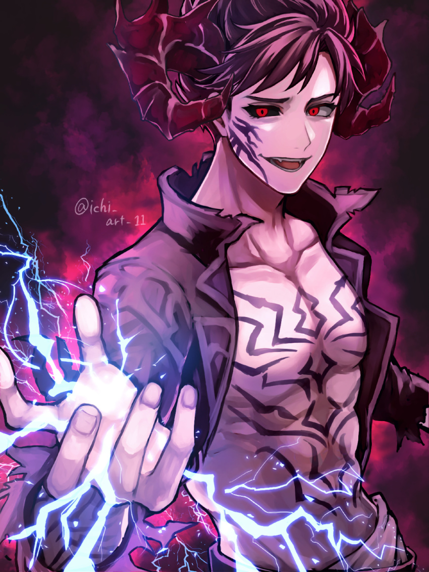 1boy abs asaba_ichi belial_(granblue_fantasy) black_hair black_jacket black_sclera chest_tattoo collarbone colored_sclera electricity evil_smile facial_tattoo fingernails granblue_fantasy highres horns jacket male_focus mature_male mismatched_sclera muscular muscular_male open_mouth purple_background red_eyes smile solo tattoo twitter_username upper_body