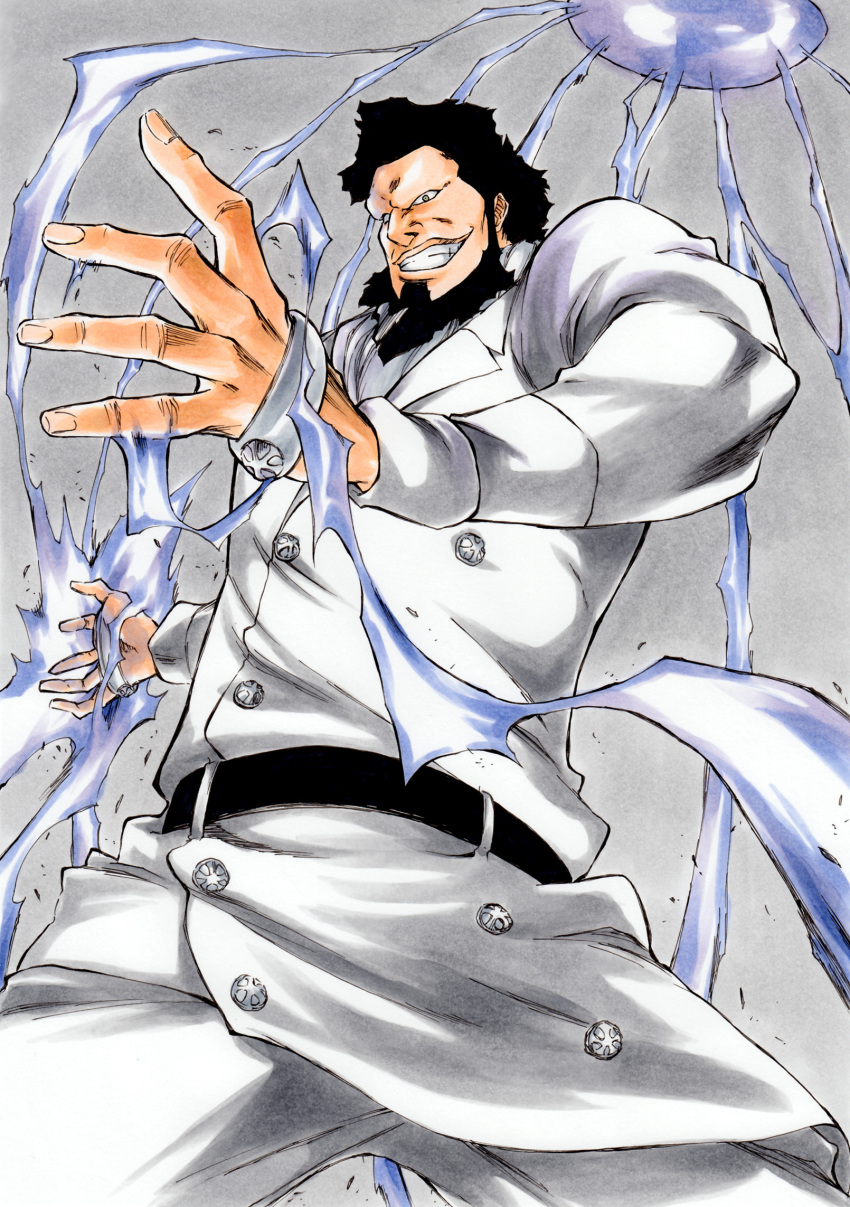 1boy bankai beard belt black_belt black_hair bleach bleach:_sennen_kessen-hen bracelet commentary_request cowboy_shot driscoll_berci electricity electrokinesis evil_grin evil_smile facial_hair fighting_stance foreshortening grey_background grin highres jacket jewelry ken'ichi_(ken1ro_u) koukou_gonryou_rikyuu_(bankai) long_sleeves looking_at_viewer male_focus military_uniform muscular muscular_male nose official_style short_hair simple_background smile solo uniform wandenreich white_jacket