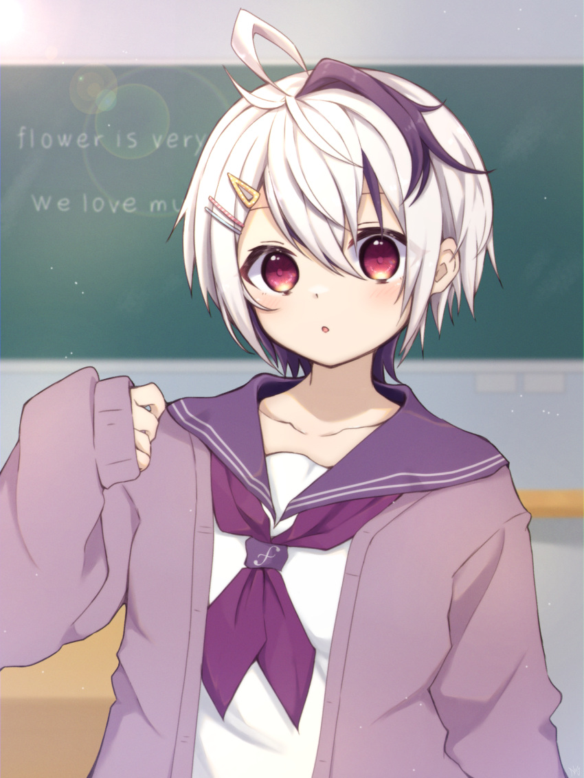 1girl :o ahoge chalkboard classroom collarbone english_text flower_(vocaloid) flower_(vocaloid4) hair_ornament hairclip highres indoors jacket long_sleeves looking_at_viewer multicolored_hair neckerchief open_mouth purple_eyes purple_hair purple_jacket purple_neckerchief purple_sailor_collar rageno0000 sailor_collar school shirt sleeves_past_wrists solo streaked_hair tomboy vocaloid white_hair white_shirt