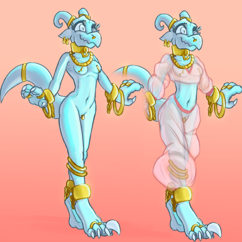 absurd_res anthro big_claws big_feet big_hands blue_body blue_scales breasts chimeratechspyro claws claws_out clitoris clitoris_piercing clothing collar cuff_(restraint) curved_horn feet female genital_piercing genitals gold_(metal) harem_outfit hi_res horn jewelry kobold metallic_body navel necklace nipple_piercing nipples piercing raptor_claws restraints scales simple_background small_breasts small_waist translucent translucent_clothing white_eyes
