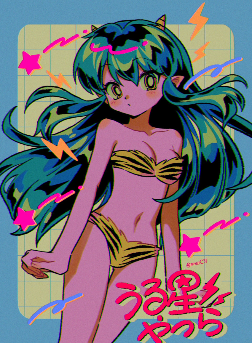 1980s_(style) 1girl alternate_breast_size animal_print artist_name bikini blue_border border breasts bright_pupils cleavage closed_mouth collarbone green_hair hair_between_eyes highres horns lightning_bolt_symbol long_hair looking_at_viewer lum menma_(enaic31) navel oni oni_horns orange_eyes patterned_background pointy_ears retro_artstyle small_breasts solo star_(symbol) strapless swimsuit tiger_print translation_request twitter_username urusei_yatsura white_pupils