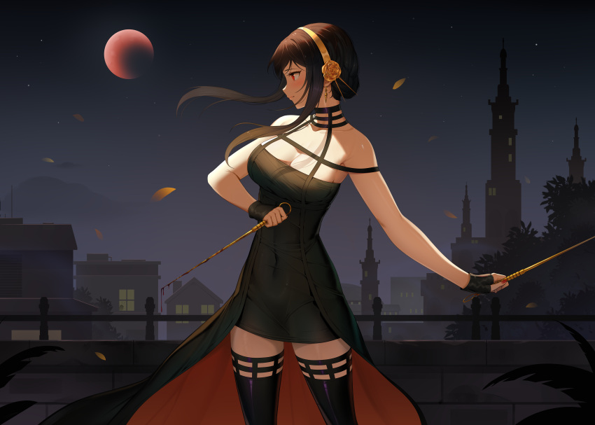 1girl absurdres bare_shoulders black_choker black_dress black_gloves black_hair black_thighhighs blood blood_on_weapon blush breasts building choker cityscape cleavage collarbone commentary_request covered_navel dagger dress earrings fingerless_gloves gloves gold_earrings gold_hairband hair_up hairband highres holding holding_weapon jewelry knife large_breasts leaf moon night night_sky outdoors red_eyes red_nails revision sidelocks sky skyscraper sleeveless sleeveless_dress solo sonikey0_0 spy_x_family standing stiletto_(weapon) thighhighs two-sided_dress two-sided_fabric weapon wind yor_briar zettai_ryouiki
