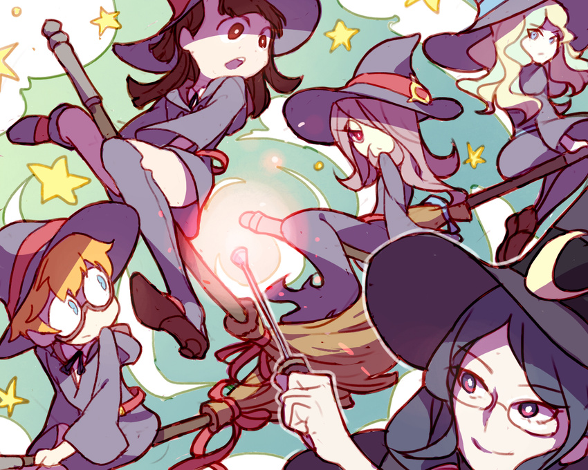 belt blonde_hair boots broom broom_riding brown_hair diana_cavendish dress glasses hair_over_one_eye hat highres kagari_atsuko little_witch_academia long_hair lotte_jansson multiple_girls open_mouth orange_hair pale_skin purple_hair short_hair skirt star sucy_manbavaran tori_(20110925) ursula_charistes wand witch witch_hat