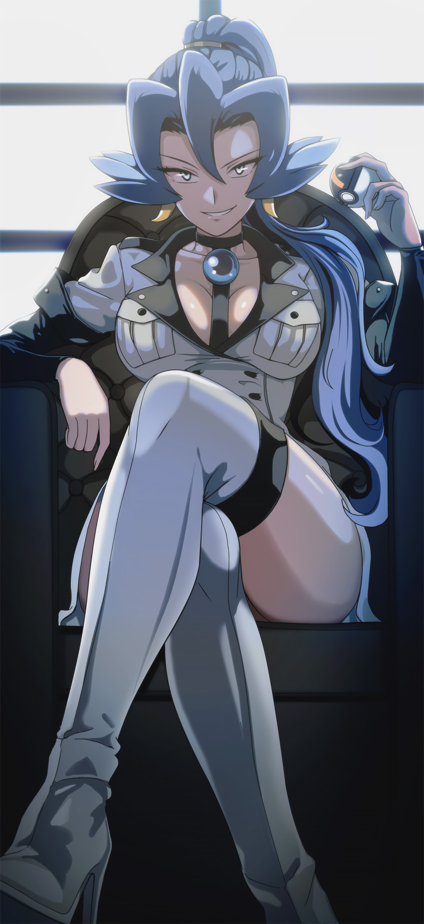 1girl absurdres blue_eyes boots breasts choker clair_(pokemon) cleavage cosplay crossed_legs esdeath grin highres jewelry looking_at_viewer military_uniform poke_ball pokemon pokemon_hgss ponytail simple_background sitting smile vivivoovoo