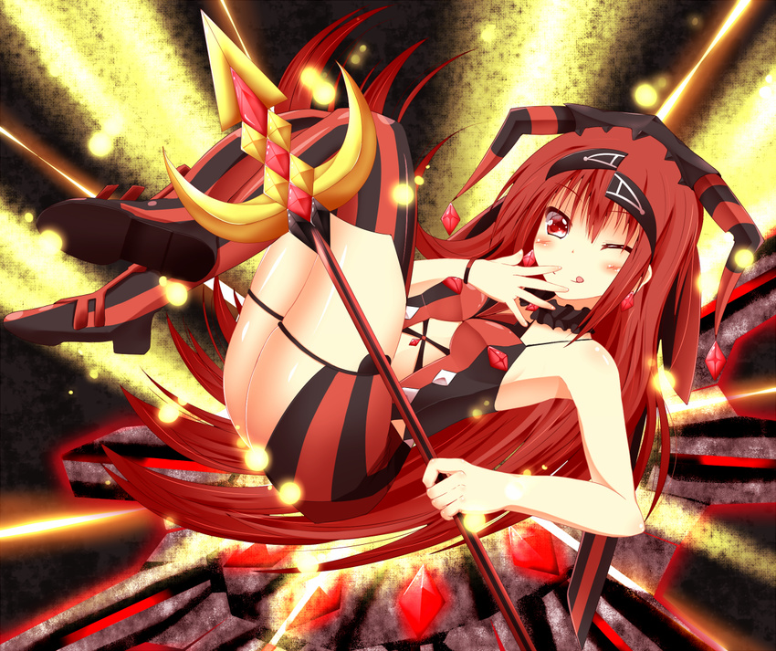 aka_no_ripika bare_shoulders beatmania beatmania_iidx bemani blush hair_ornament long_hair one_eye_closed red_eyes red_hair smile solo staff tongue very_long_hair yuzutei