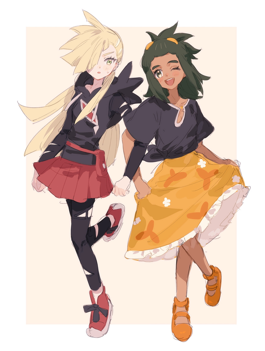 2girls :d absurdres black_hoodie black_shirt blonde_hair blush dark-skinned_female dark_skin frilled_skirt frills fua1heyvot4ifsr genderswap genderswap_(mtf) gladion_(pokemon) green_eyes green_hair hair_over_one_eye hau_(pokemon) highres hood hoodie long_hair long_sleeves miniskirt multiple_girls one_eye_closed orange_footwear orange_skirt pleated_skirt pokemon pokemon_sm red_footwear red_skirt shirt shoes short_sleeves skirt skirt_hold smile sweatdrop teeth tied_shirt torn_clothes upper_teeth_only