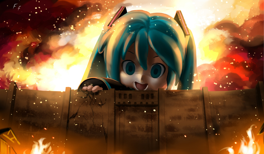 a_grim_reminder aqua_eyes aqua_hair burning crossover destruction embers fire giant hatsune_miku highres mikudayoo open_mouth otaku_(artist) parody shingeki_no_kyojin smile solo twintails vocaloid wall