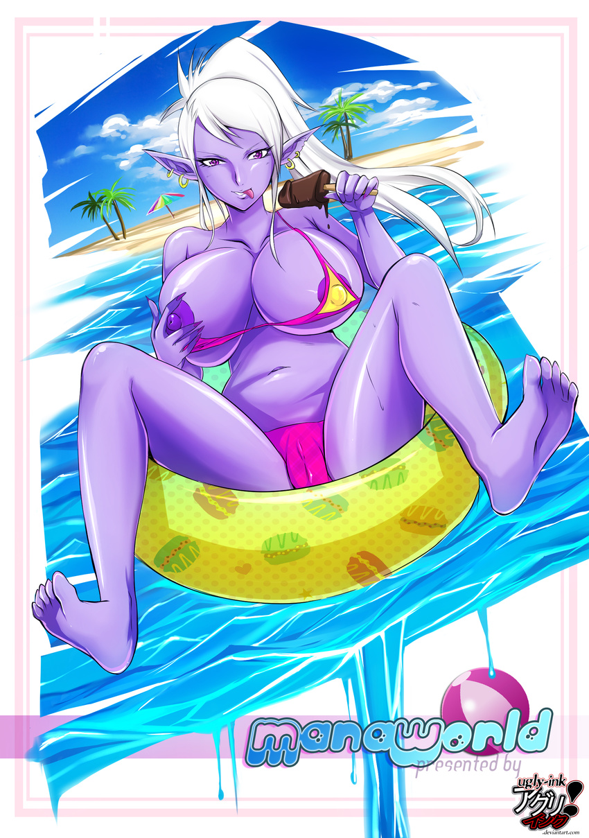 areola big_breasts bikini breasts cleavage clothed clothing dark_elf ear_piercing elf erect_nipples female huge_breasts humanoid ice_cream looking_at_viewer navel nipples piercing skimpy swimsuit syx tight_clothing