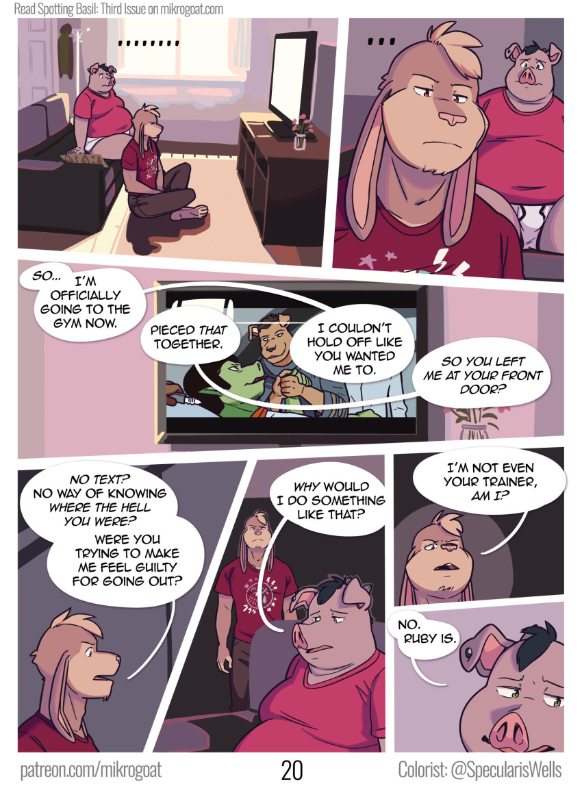 abe_(mikrogoat) angry anthro athletic athletic_anthro awkward_moment basil_(mikrogoat) bulge clothing comic dialogue domestic_pig duo electronics english_text furniture hi_res lagomorph leporid male male/male mammal mikrogoat no_sound overweight overweight_male rabbit sofa suid suina sus_(pig) television text topwear underwear