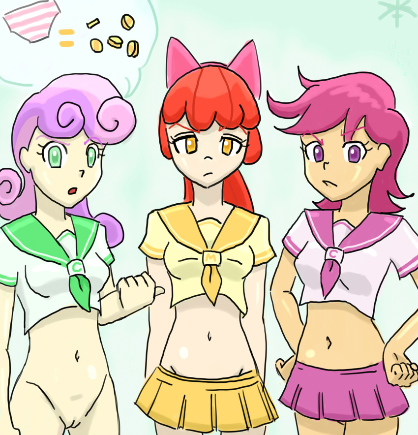 apple_bloom_(mlp) belly bottomless bow breasts clothed clothing coins crop_top cutie_mark_crusaders_(mlp) dialog disfigure female friendship_is_magic frown group hair hi_res human humanized light_skin mammal miniskirt my_little_pony navel not_furry open_mouth panties purple_hair pussy red_hair sailor_uniform scootaloo_(mlp) shirt skirt small_breasts striped_panties sweetie_belle_(mlp) text two_tone_hair underwear uniform young young_human