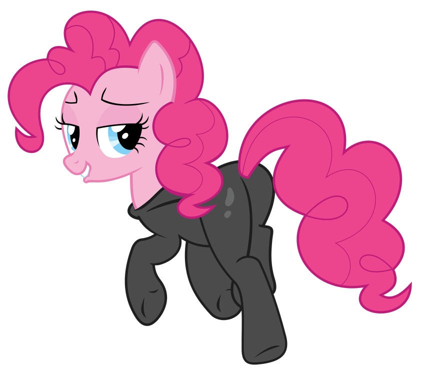 alpha_channel biting_lip blue_eyes catsuit clothing equine female feral friendship_is_magic hair horse lip_bite looking_back mammal my_little_pony pink_hair pinkie_pie_(mlp) plain_background pony solo suggestive tight_clothing vector