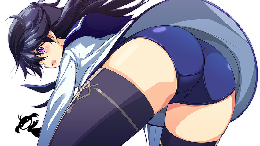 ass black_hair blush cosplay creator_connection fangs from_behind isshiki_akane kuroki_rei long_hair looking_back michairu miyafuji_yoshika miyafuji_yoshika_(cosplay) multiple_girls purple_eyes school_swimsuit school_uniform silhouette_demon strike_witches swimsuit swimsuit_under_clothes thighhighs twintails vividred_operation world_witches_series