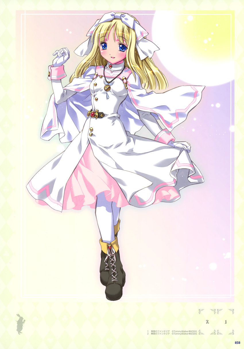 absurdres blonde_hair blue_eyes bow character_request dress hair_bow highres kamiya_maneki long_hair mugen_no_fantasia pantyhose shoes solo white_legwear