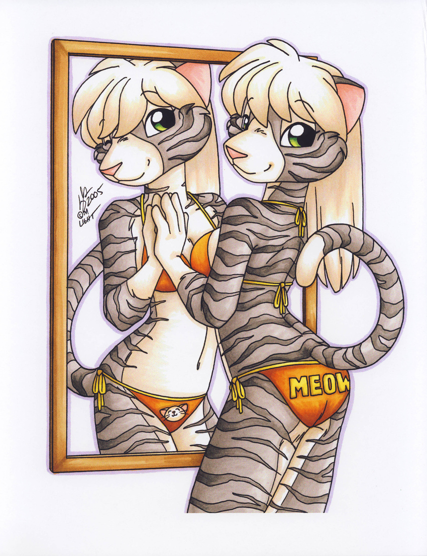 absurd_res anthro bikini clothing feline female hi_res looking_at_viewer mammal michele_light mirror pinup pose solo swimsuit tight_clothing traditional_media