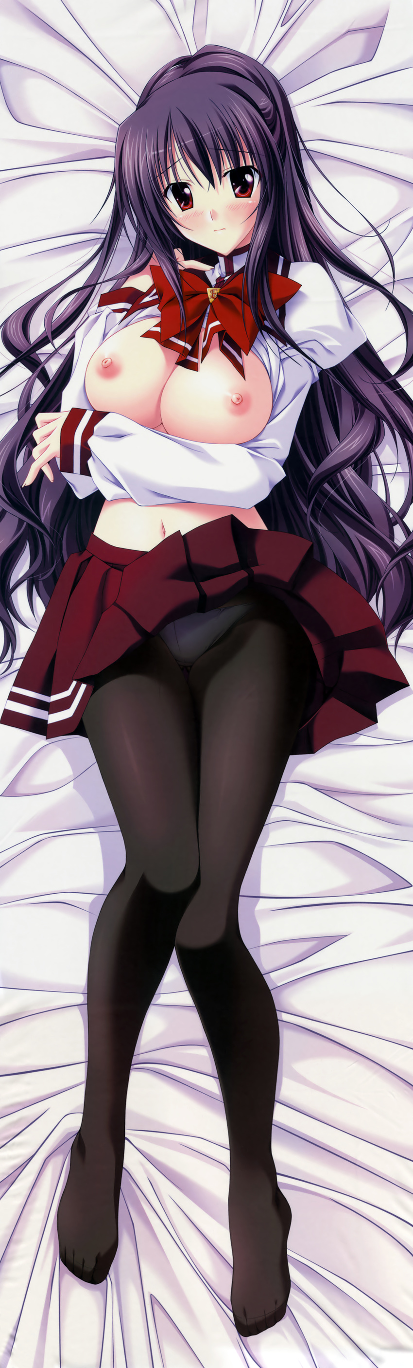absurdres bed bed_sheet blush breast_hold breasts choco_chip cleavage dakimakura from_above full_body highres huge_filesize large_breasts legs long_hair looking_at_viewer lying nipples on_back on_bed on_stomach open_clothes open_shirt panties panties_under_pantyhose pantyhose prima_stella purple_hair red_eyes school_uniform shirt solo takasu_miyabi underwear white_panties