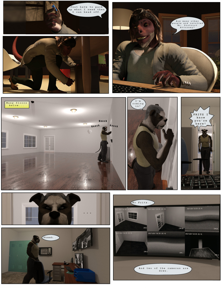 3d_(artwork) american_bulldog anthro bulldog canid canine canis chuckwalla comic corridor daz_studio_(artwork) dialogue digital_media_(artwork) domestic_dog english_text floor gp_holden hi_res iguanid inside keyboard lizard locker male mammal mastiff molosser office perturbedmania reptile scalie security security_camera security_room solo solo_focus text usb_drive wood wood_floor