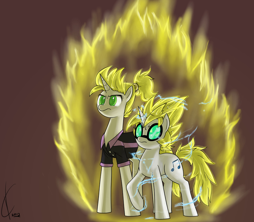 allie_way_(mlp) amazing aura clothing cutie_mark dragon_ball dragon_ball_z duo equine eyewear female feral friendship_is_magic glasses glowing green_eyes hi_res horn horse ki mammal my_little_pony pony shirt super_saiyan unicorn valcron vinyl_scratch_(mlp)