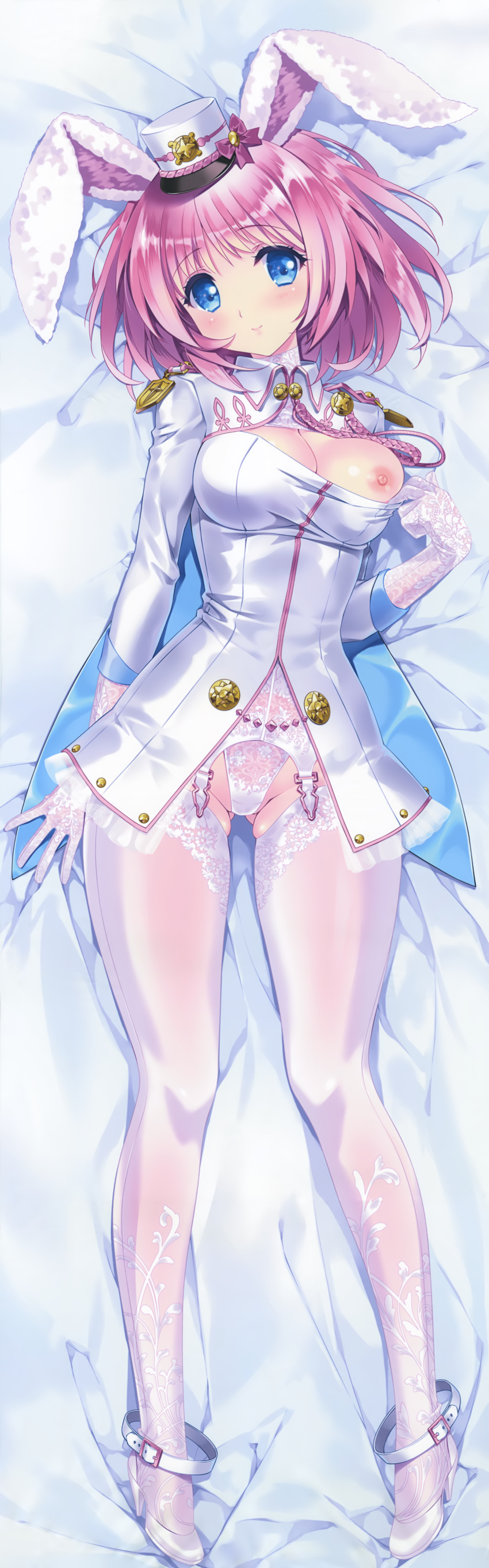 1girl absurdres animal_ears areolae bed_sheet belt blue_eyes blush breasts breasts_outside bunny_ears carnelian cleavage cleavage_cutout dakimakura full_body gloves gluteal_fold hat high_heels highleg highleg_panties highres huge_filesize lace lace_gloves lace_panties large_breasts long_sleeves looking_at_viewer lying nipples on_back one_breast_out original panties pink_hair shirt_pull short_hair smile solo tassel thighhighs underwear white_gloves white_legwear white_panties